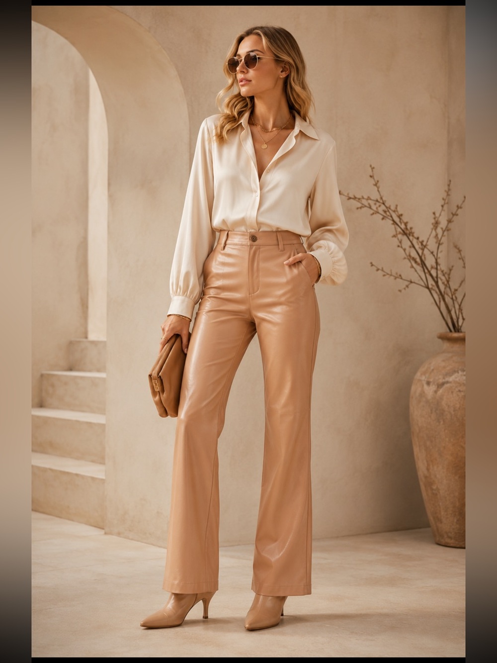 Hale Bob Blush Leather-Look Trousers with Gold Button